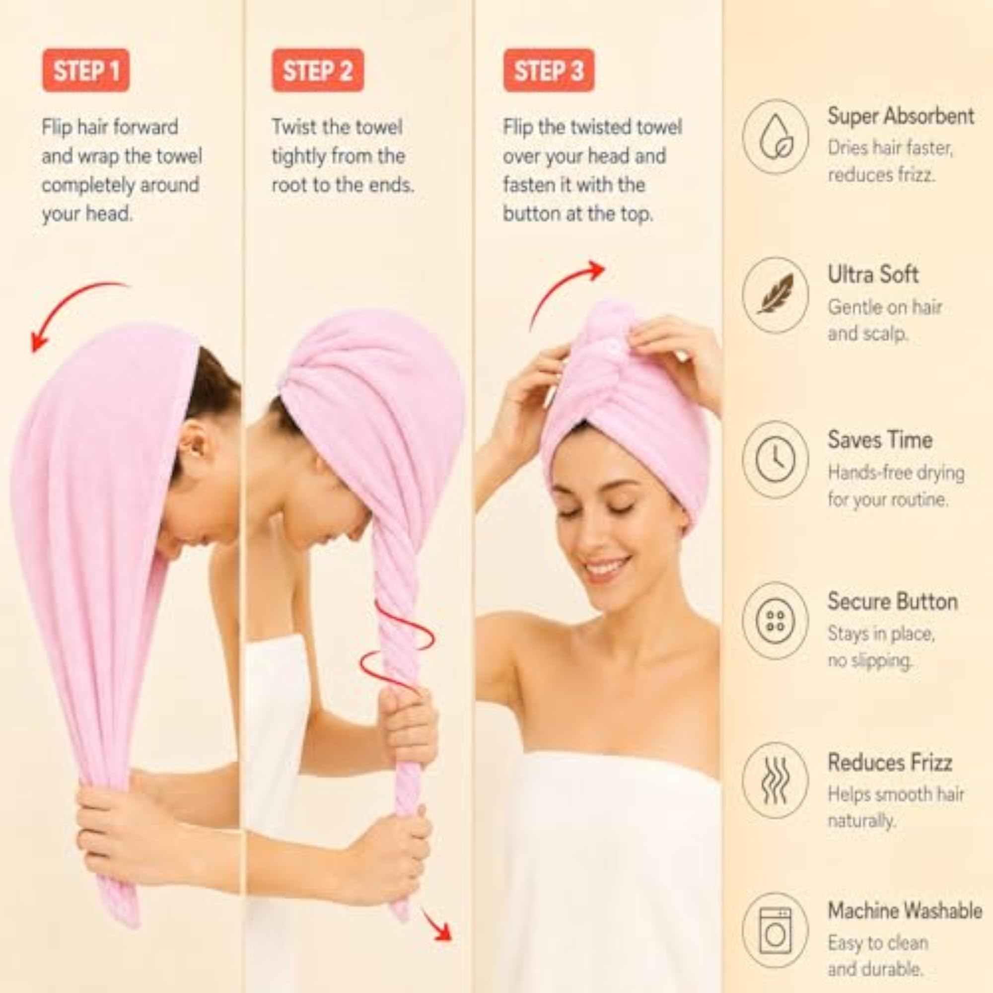 Pink Microfiber Hair Turban Wrap with Button